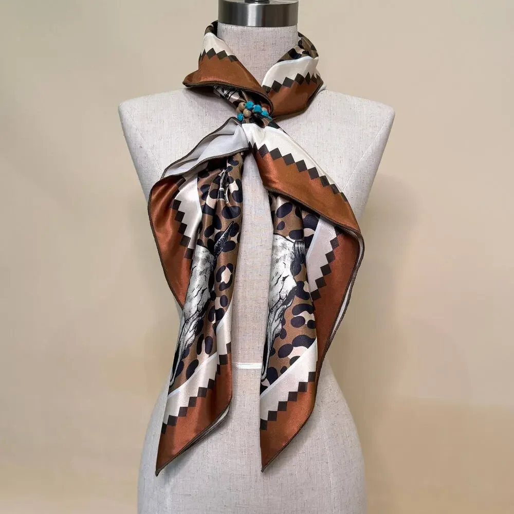 Western Longhorn Print Silky Wild Rag | 36x36 | Mocha & Turquoise